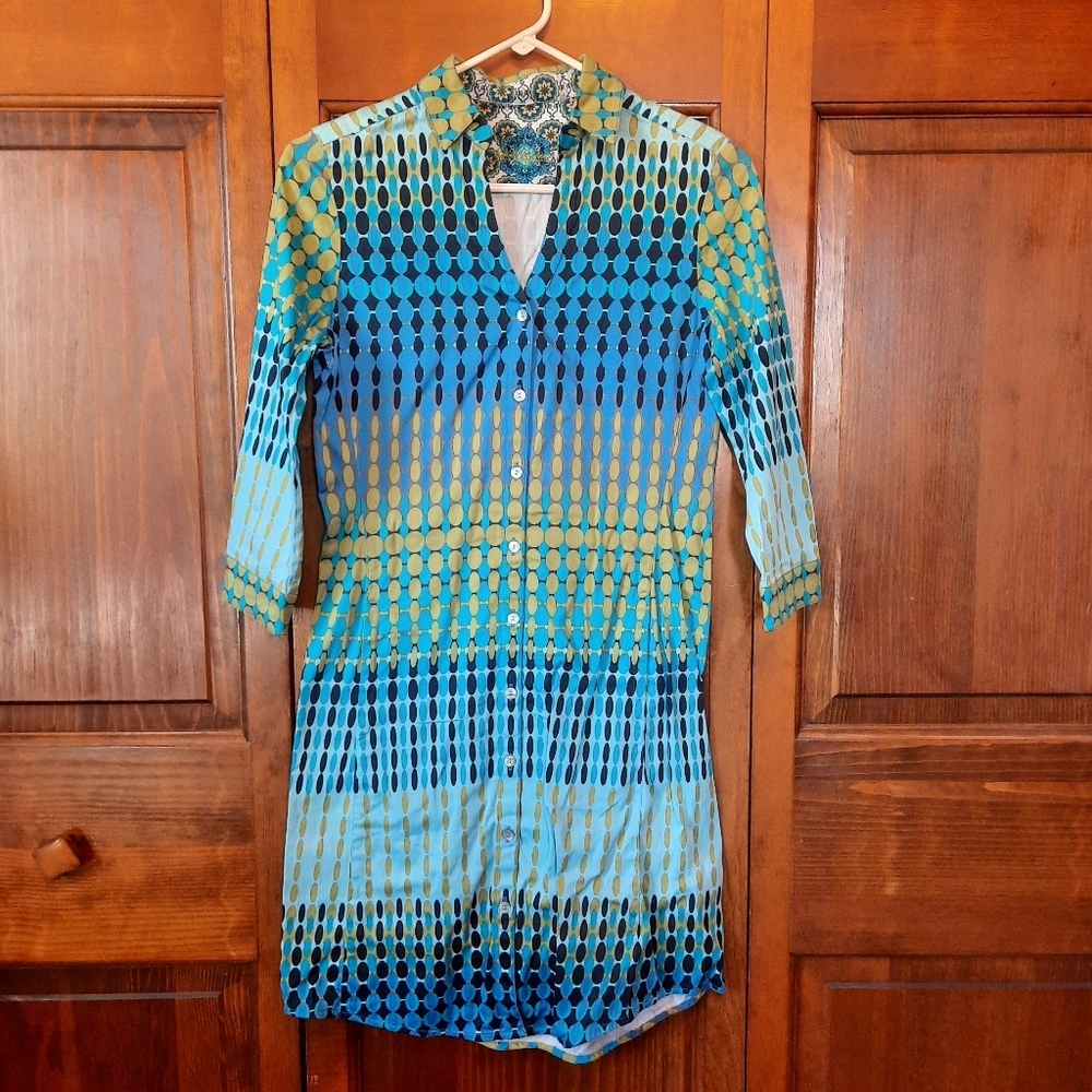 Robert Graham Michelle Shirt Dress Blue Green Geometric Pattern Midi Size 4